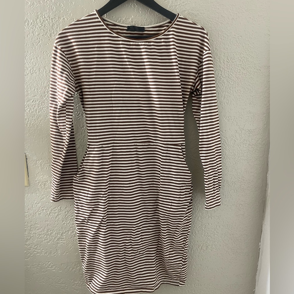 Pretty Garden Women’s Casual Brown/White Striped Long Sleeve Dress W/tie back Sm
